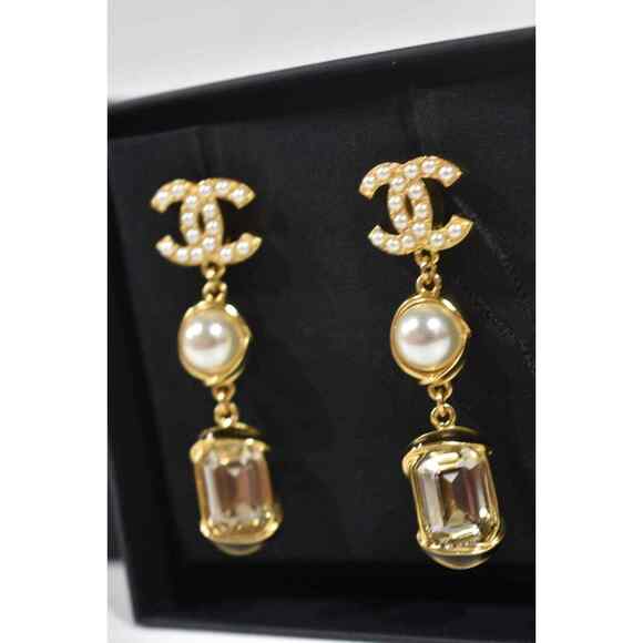 Chanel 22A Gold Pearl White Crystal XL Logo Large Dangle Drop Statement Earrings - Picture 6 of 12